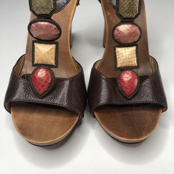 NEW Frye Dolly Leather Jewel Gem Stone T-Strap Boho Chunky Wooden Heels Shoes - Picture 2 of 16